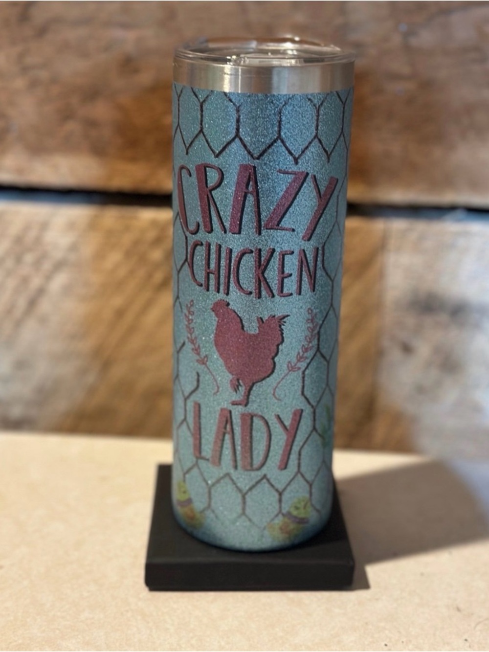 Crazy Chicken Lady Glitter Tumbler - Teal & Rose